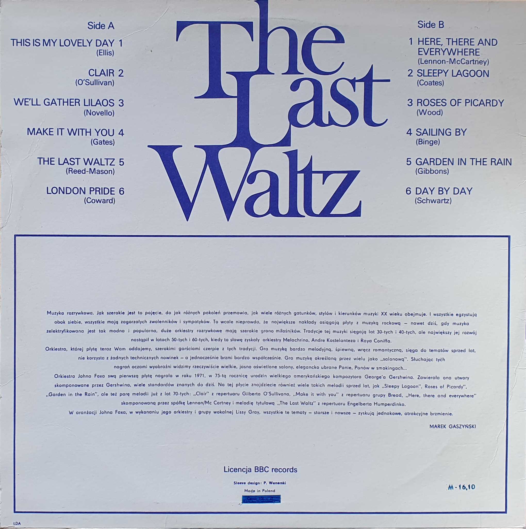 Picture of SX 1790 The last waltz by artist Various / The John Fox Orchestra from the BBC records and Tapes library